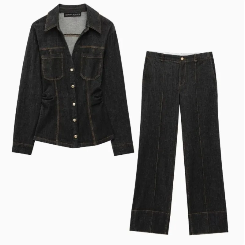 American INS Fashion Collar Bright Thread Decoration Double Pocket Loose Versatile Jeans Two Piece Set Female Clothing
