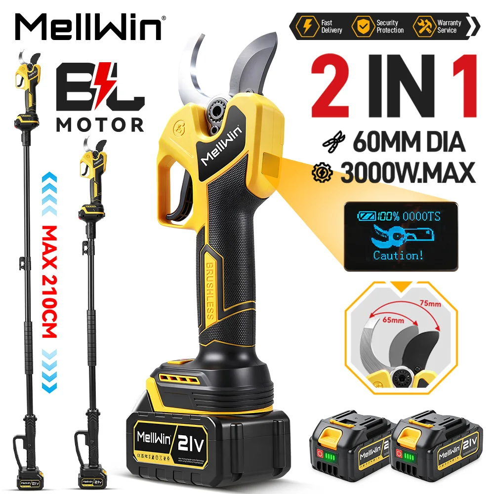 MELLWIN Electric Pruning Scissors 60mm Brushless 2 in 1 with 180cm Telescoping Pole Garden Pole Pruner Tool for Makita 18V Battery Pin