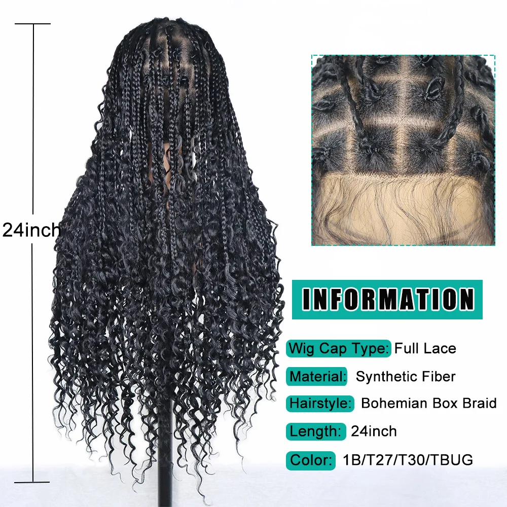 Boho Box Braided Wigs for Black Women 24inch Knotless Full Double Lace Wig Bohemian Curly End Goddess Square Part Braid Wig