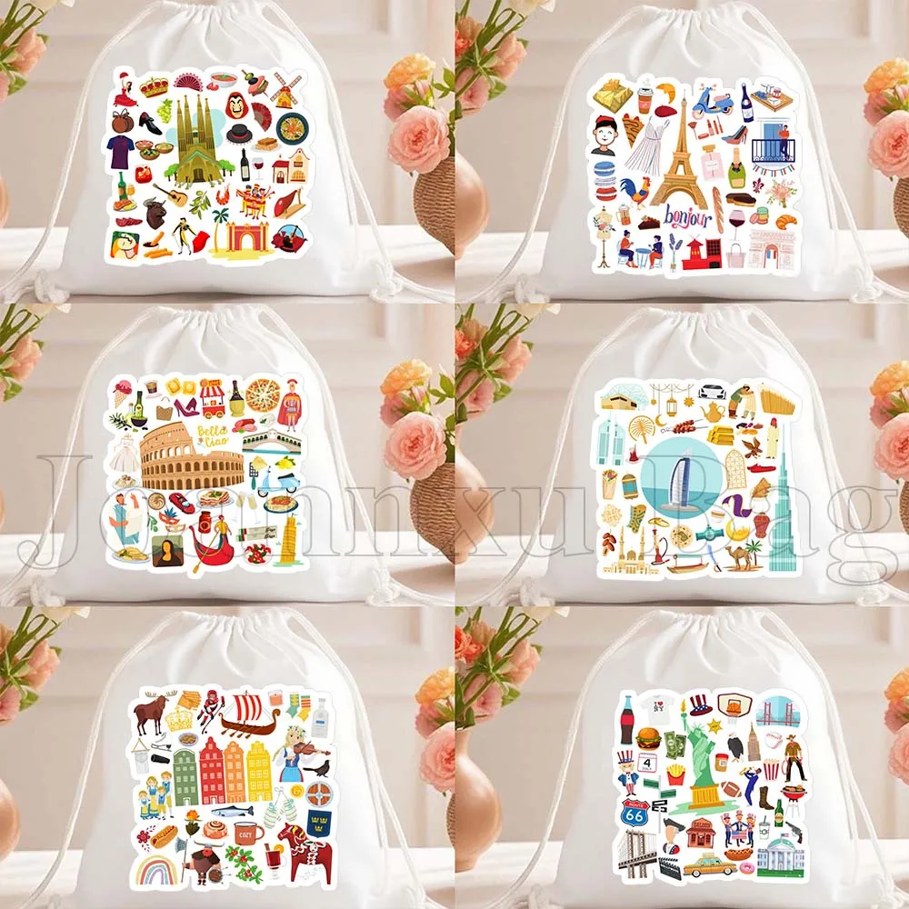 

Spain Brazil Canada France Greece Sweden Italy Mexico Russia Japan Travel Icons Canvas Drawstring Backpack Sackpack String Bag