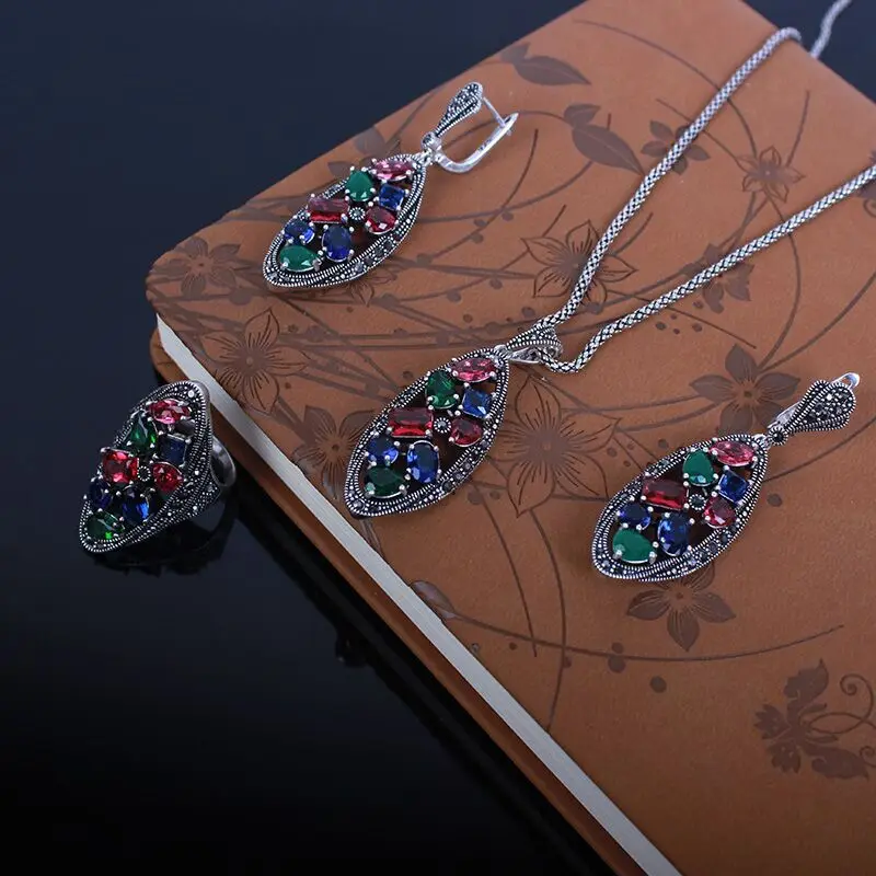 Ajojewel 925 Mark Silver-color Vintage Necklace Ring Earrings Large Jewelry Sets For Women With Green/Red/Colorful Crystals Gift