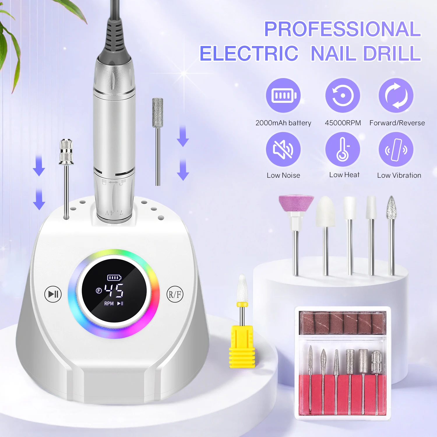 45000RPM Rechargeable Nail Drill Machine – Elegant Base with Handpiece Rest, 8-Color LED Glow, USB-C, Cordless Electric File
