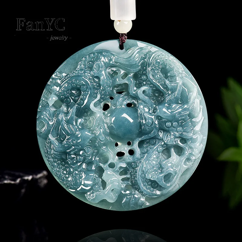 

Аутентичный бирманский синий водный жадеит, подвеска с двойным драконом, изысканно резной ледяной нефрит, модное ожерелье для мужчин и женщин