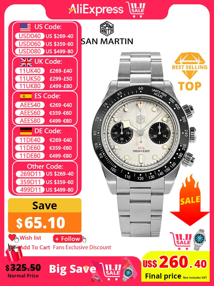 San Martin New 40mm Panda BB Chronograph Mens Watch Sports Fashion Style ST1901 Manual Mechanical Sapphire Waterproof 100M BGW-9