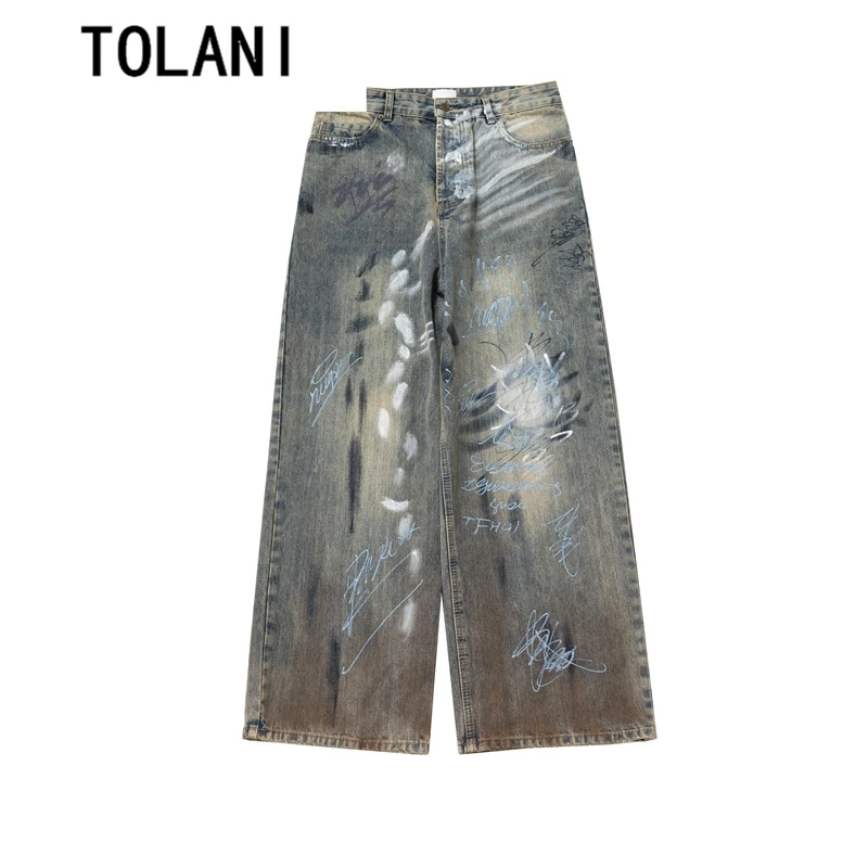 

Parisian Street Art Hand-Painted Distressed Loose Jeans Men's Floor-Length Trousers Women's Vintage Style Straight Leg Jeans