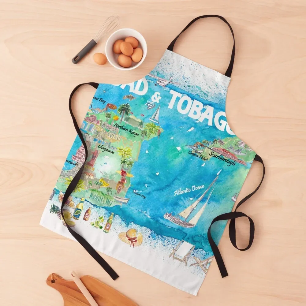 Trinidad & Tobago Antilles Illustrated Travel Map with Roads and Highlights Apron Things For The Home cooks clothes Apron