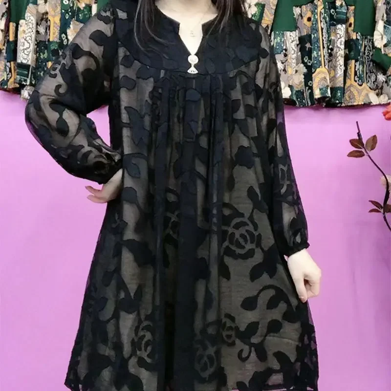 Nouvelle robe à la mode avec impression artisanale lourde, vêtements pour mères, réduction de l'âge, manches moyennes à longues, bas XQ63