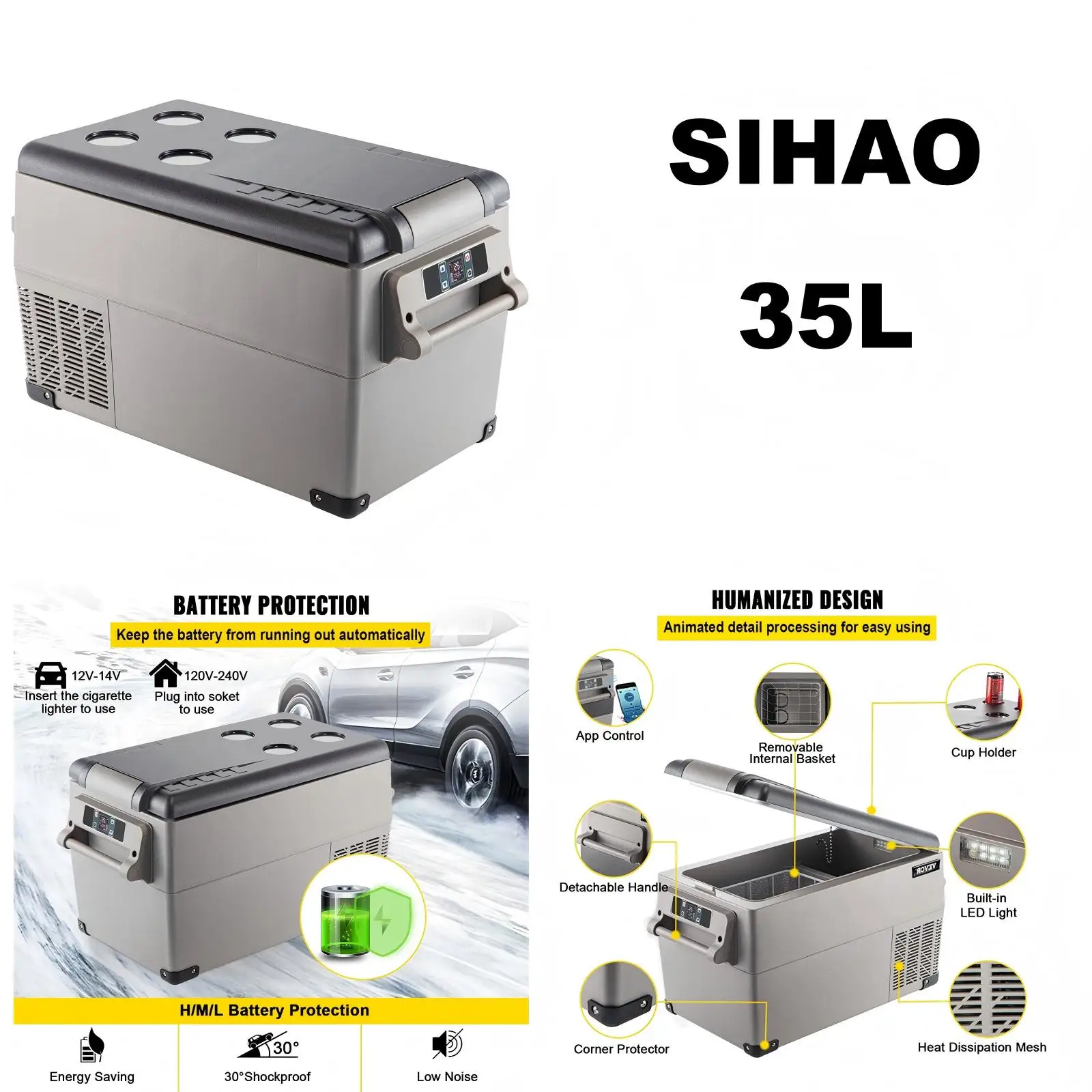SIHAO Réfrigérateur Portable pour Voiture 15L 20L 30L 35L 40L 45L 50L 55L, Mini Congélateur 15L à 50L, Refroidissement Rapide 12/24V DC, Boîte Isotherme Électrique pour Camping en Plein Air, Voyage en Voiture, Camping-Car, Véhicule, Camion, Bateau, Pique-Nique et Stockage Alimentaire