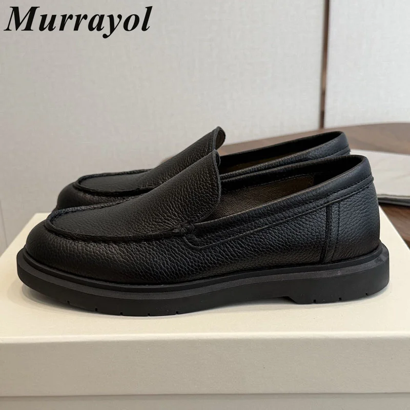 Lazy Loafers Round Toe Deep Mouth Flat Shoes Women's Genuine Leather For Ladies Seasons Office Commuting Shoes Driving Shoes