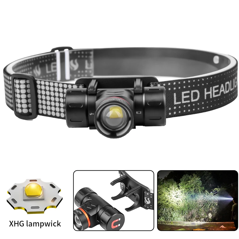 كشافات LED مقاومة للماء SY-5846 850LM مصباح أمامي قوي مع دوران تكبير من النوع C قابل لإعادة الشحن لأعمال الصيد والتخييم