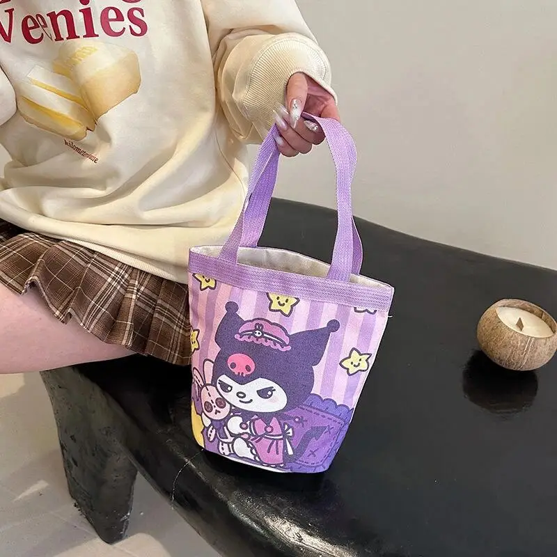 Cartoon Hello Kitty Kuromi Canvas Bucket Bag Korean Style Shoulder Bag Y2K Outing Shopping Bag Women Handbag Student Lunch Bag