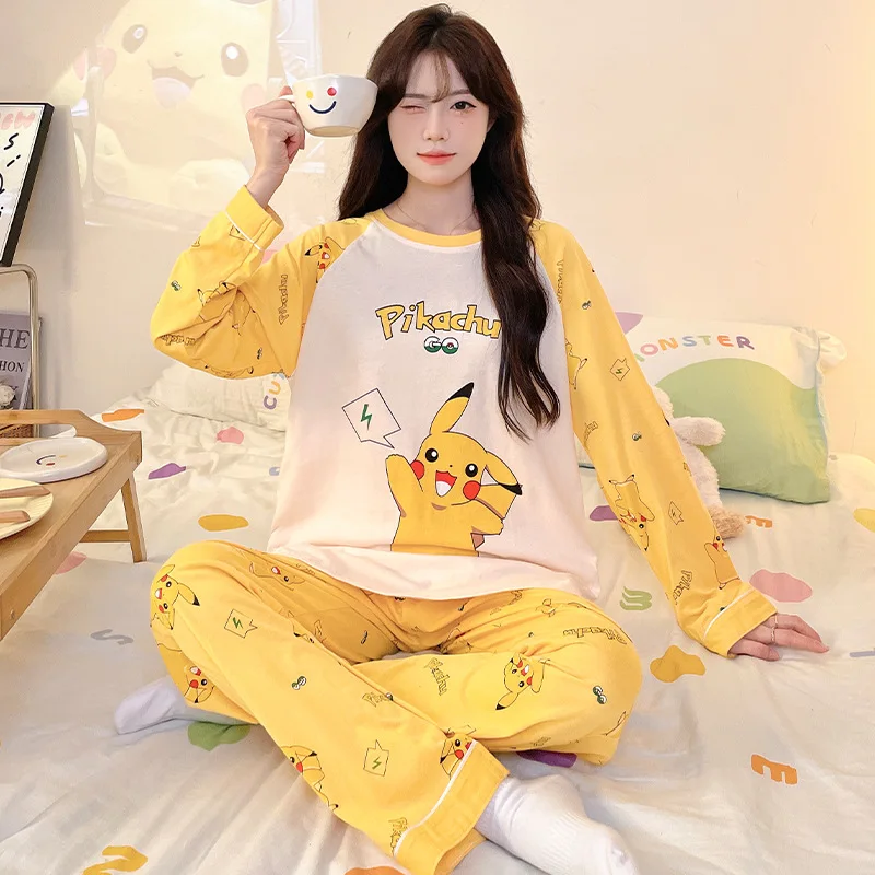 Pokémon Pikachu's new cotton round neck pullover women's pajamas spring and autumn cartoon loose long-sleeved loungewear set