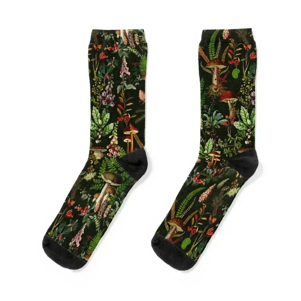 Vintage Mushrooms Forest Botanical Pattern - Black Botanical Night Garden Socks Heating sock cycling Girl'S Socks Men's