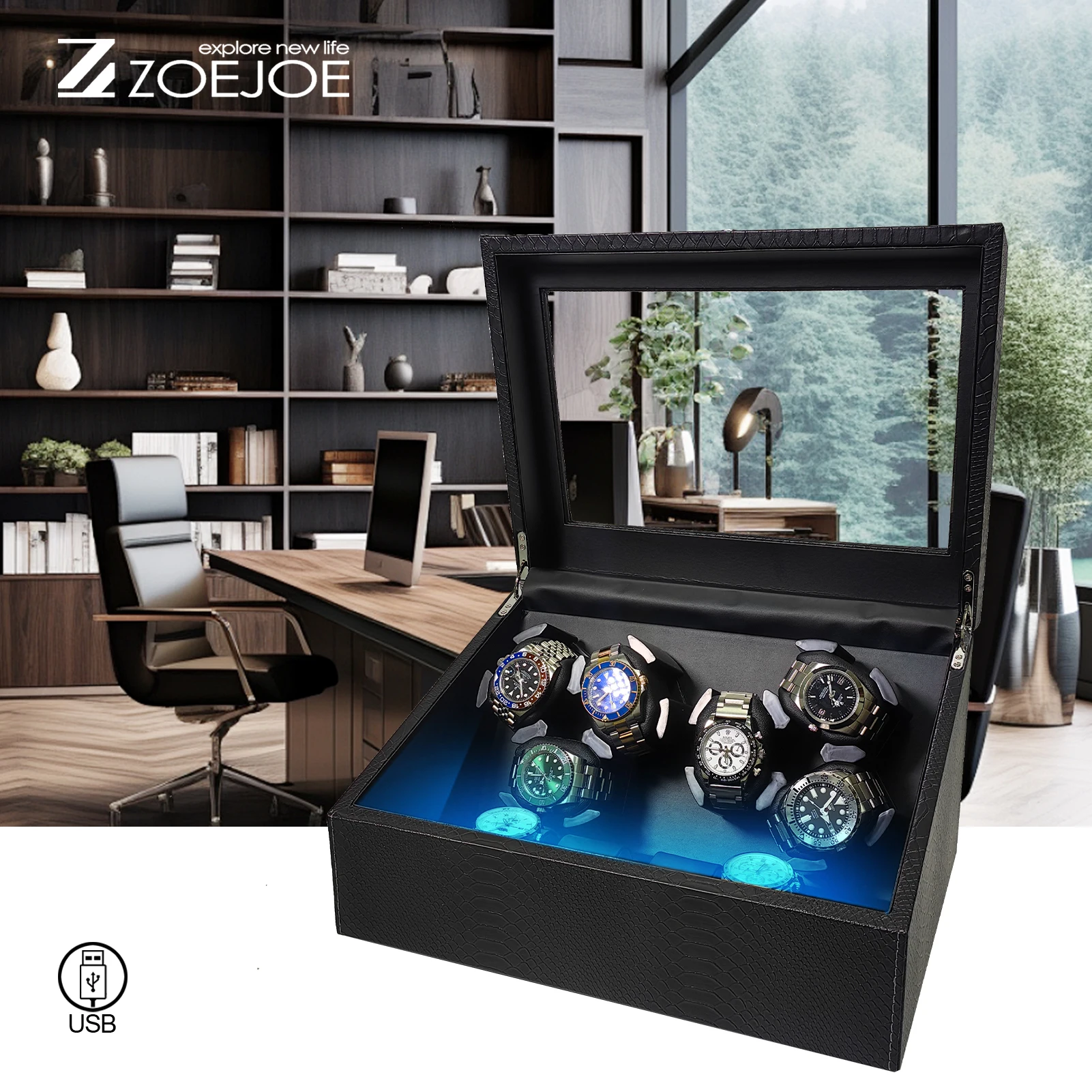 

ZOEJOE 6 + 6 слотов автоматические намоточные устройства для часов из искусственной кожи плавно работать на заводное устройство для часов со световым видением для мужчин и женщин