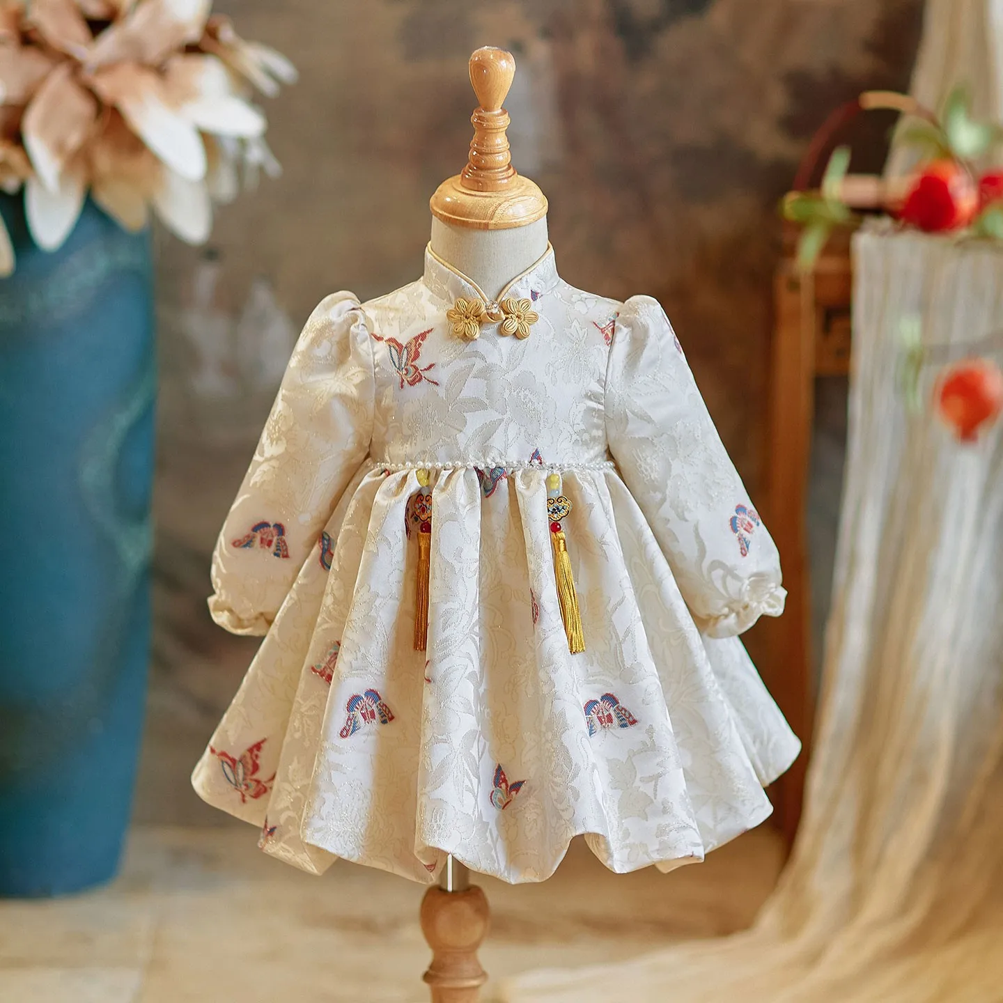 

Children Long Sleeve Printed Cute Birthday Princess Ball Gown Girls Chinese Style Wedding Performance Dress g515