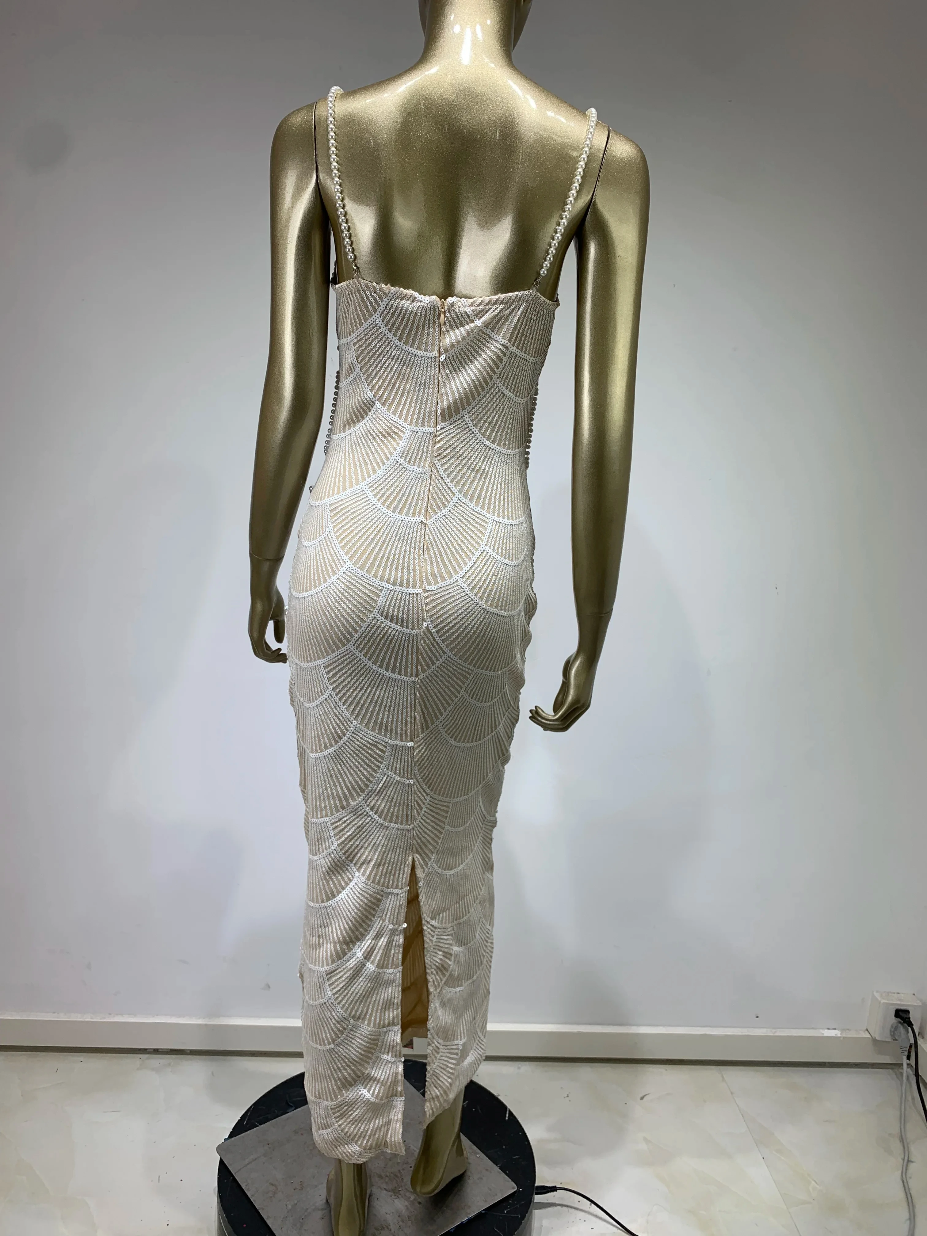 Vrouwen Luxe Sexy V-Hals Witte Parel Lovertjes Maxi Lange Bodycon Jurken Jurk Elegante Avond Feest Club Podium Optreden Kostuum