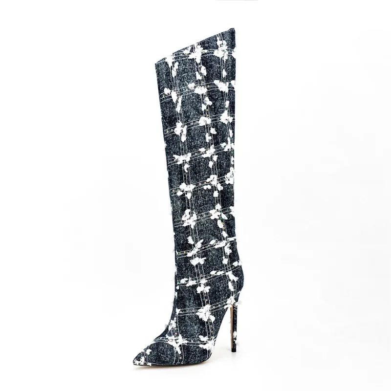 

2023 Women's Autumn And Winter New Fashion Sexy Thin High Heel Sequin Fabric Printed Side Zipper Knee Long Boots Banquet Boots