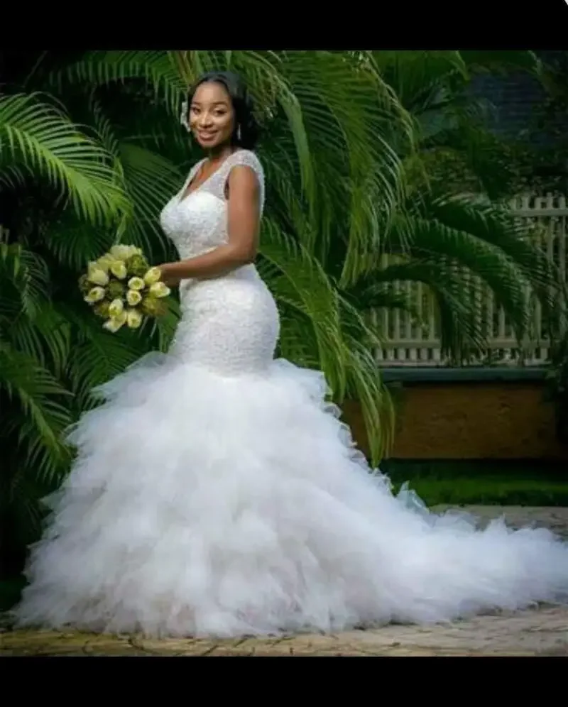 

Customized African Nigeria Girls Beaded Mermaid Wedding Dress Lace Up Ruffles Plus Size Bridal Gowns Robe De Soirée Bride Dresse