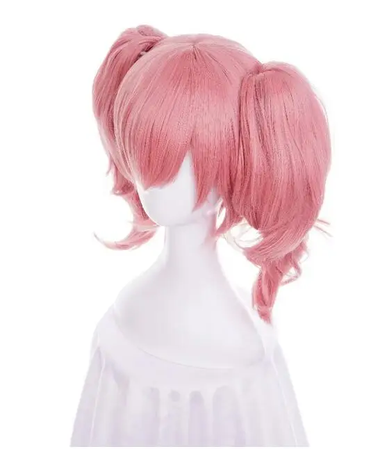 Wig Cosplay Chip ekor kuda Pink pendek rambut sintetis keriting