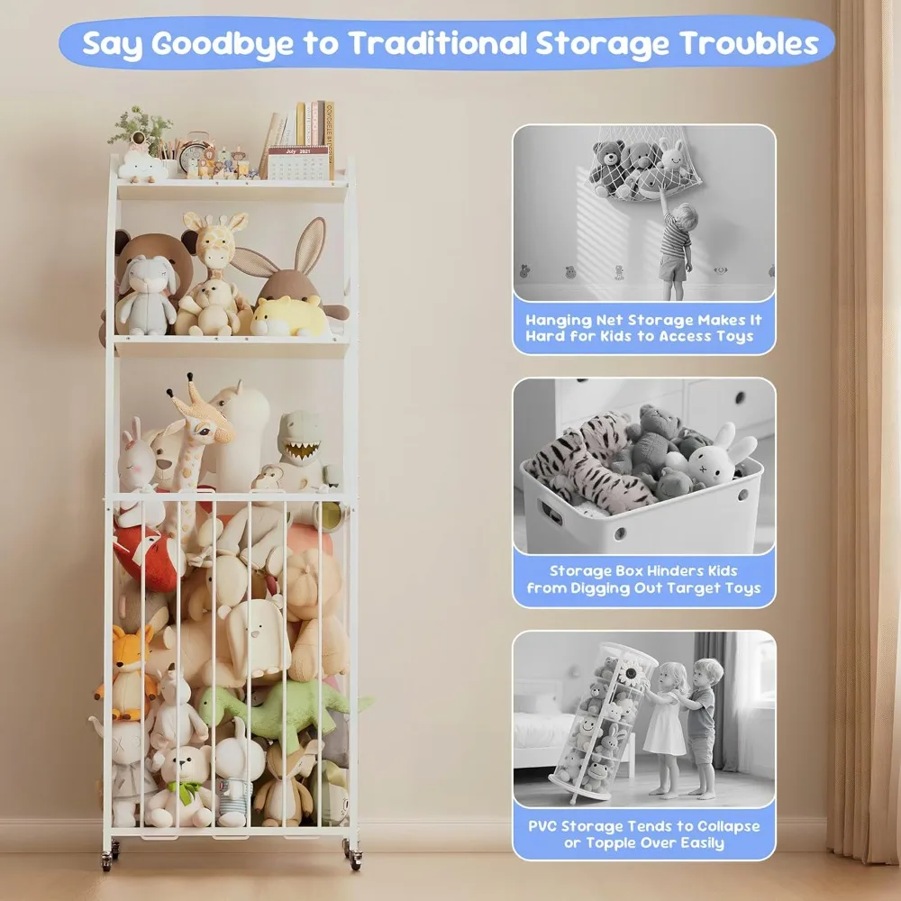 حديقة حيوانات كبيرة محشوة بالخشب والمعدن، حامل ألعاب قطيفة من 3 طبقات مع عجلات فرامل لتوفير المساحة