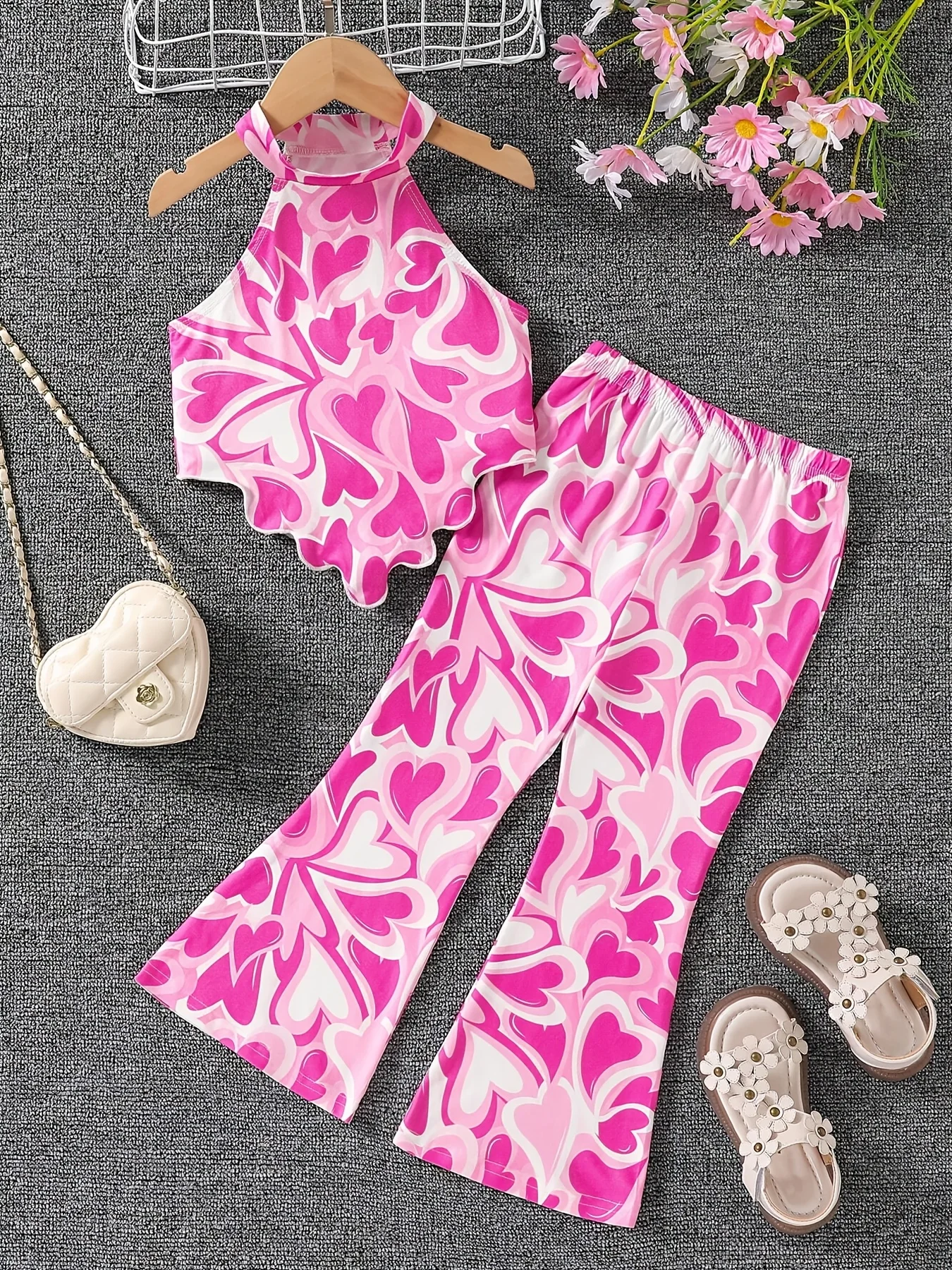 Sommerliches Freizeitoutfit für Mädchen: Stylisches, süßes, rückenfreies Strick-Camisole-Top, kombiniert mit ausgestellter langer Hose, zweiteiliges Set, geeignet für Mädchen im Alter von 4-12 Jahren,