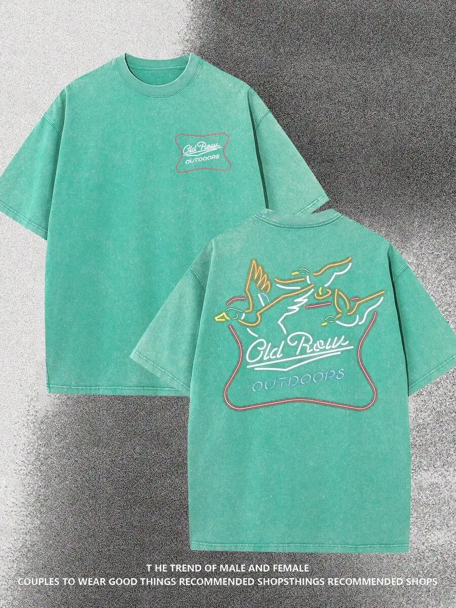 

Washed Cotton Tee With Geese Print Front And Back Retro Streetwear Loose Fit Short Sleeve