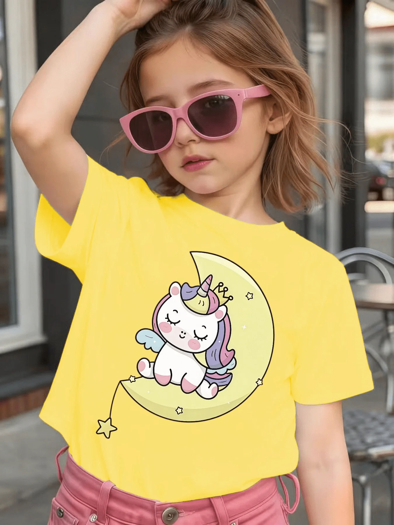 Family Matching Tee Cute Winged Unicorn Resting On Crescent Moon Star Print Boys Girls Soft Short Sleeve Kids Daily Casual Topsi
