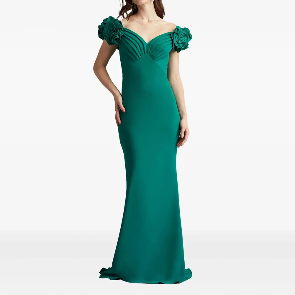 

Modern Green Floor Length Evening Gown Mermaid Formal Party Dress Sweetheart Off The Shoulder With Flowers Saudi Dress