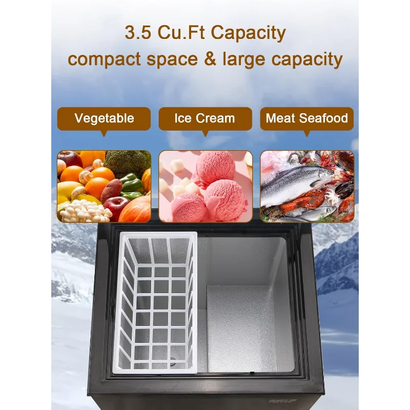 Mini congelatore orizzontale da 3,5 piedi Cu.Ft 7 marce con controllo della temperatura Congelatore compatto con porta aperta superiore e cestino portaoggetti rimovibile