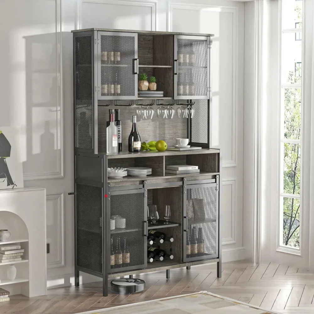 

72" Wine Bar Cabinet with Sliding Barn Door, Farmhouse Buffet Cabinets with Wine Rack & Glass Holder, Led Storage Cabinet