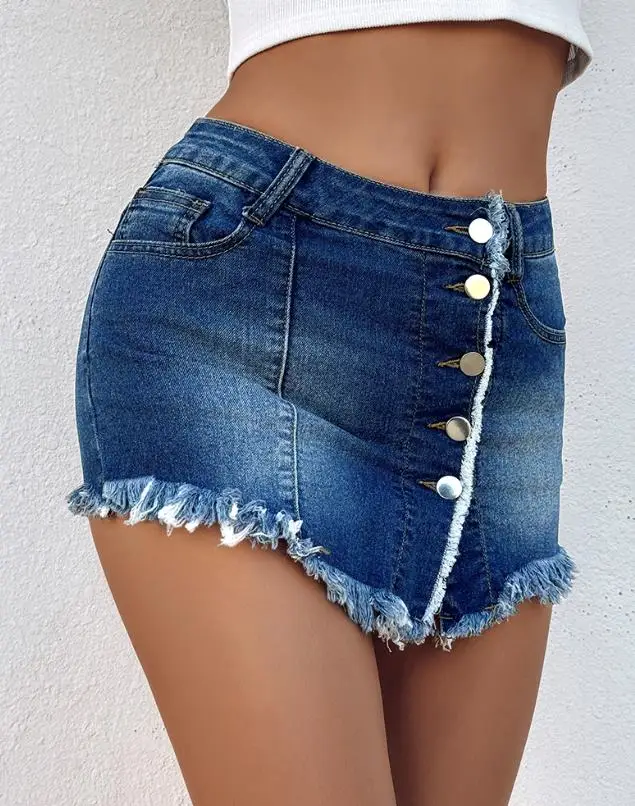 Women's Skirt Button Front Pocket Design Denim Skirt Casual Asymmetrical Tassel Decor Split Skirt Retro Casual Elegant Skirt