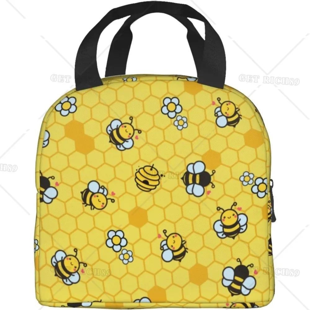 Cartoon Bee Yellow Insulated Lunch Bag for Kids Boys Girls Washable and Reusable Thremal Lunch Box for School Picnic