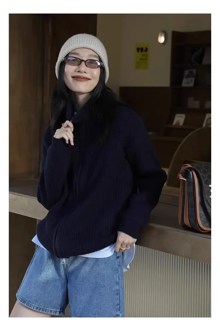 

Women's High-End Double Zipper Shoulder Sleeve Knit Cardigan High Neck Pit Stripe Sweater Fashionable Designer Style