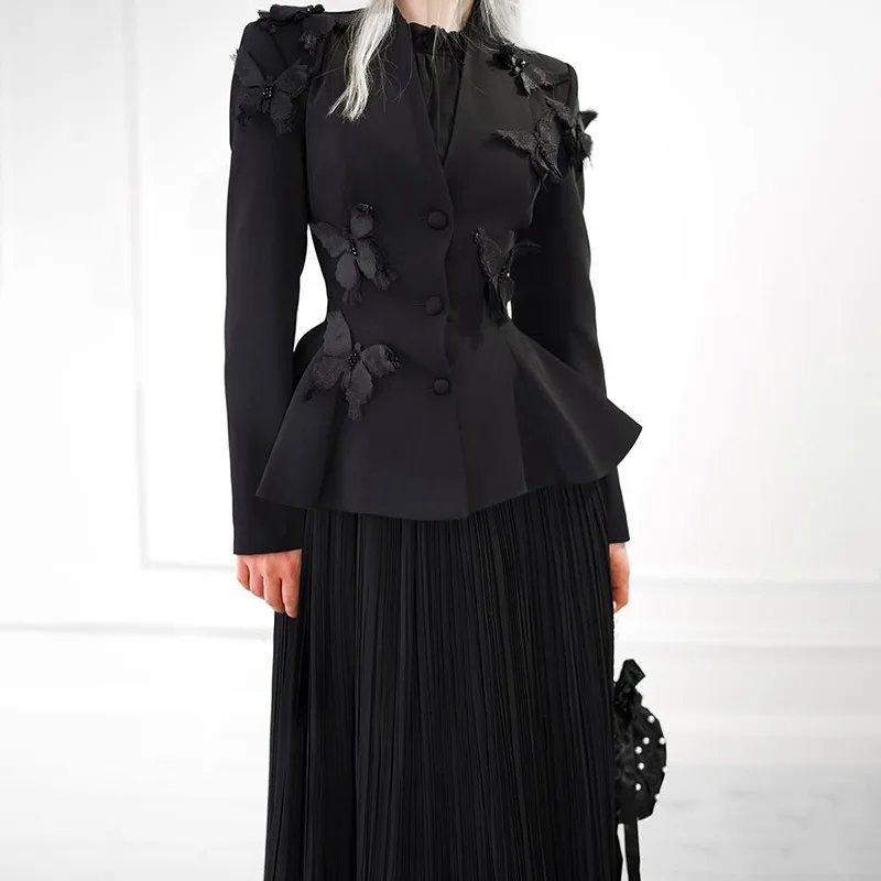 

Temperament Commuter Ruffle Top Set Women's Autumn New Butterfly Embellished Coat with Pleated Skirt