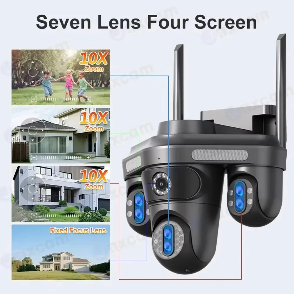 7 Obiettivo 4 Schermo 35MP PTZ Telecamera IP Telecamera di sicurezza WiFi wireless esterna Zoom 30x Telecamera CCTV con tracciamento automatico Impermeabile