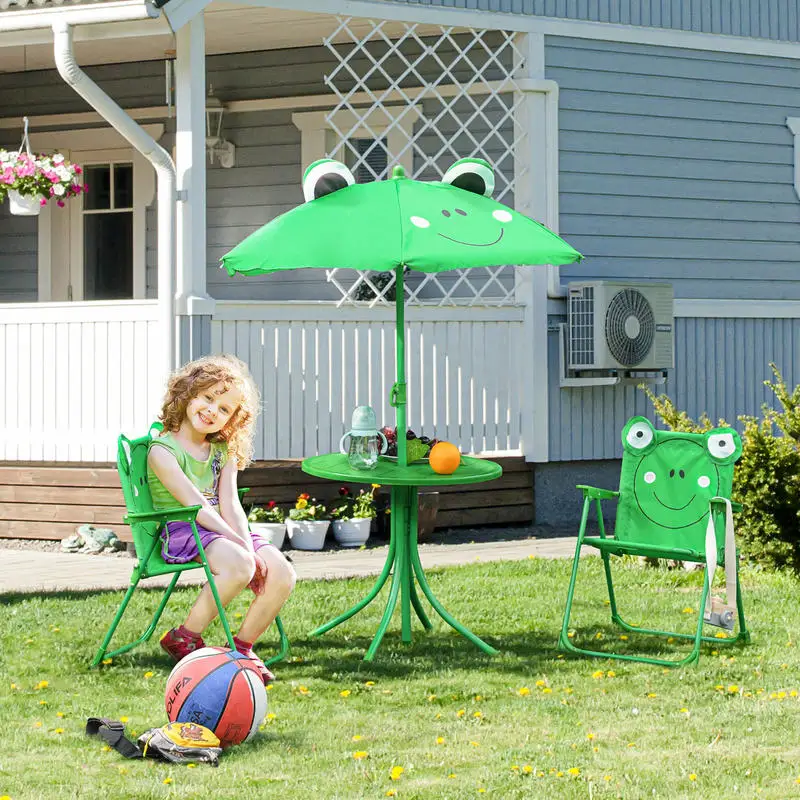 Ensemble de salon de jardin enfant 4 pièces Design Grenouille - Table ronde + 2 chaises pliantes + Parasol - métal époxy Oxford Vert