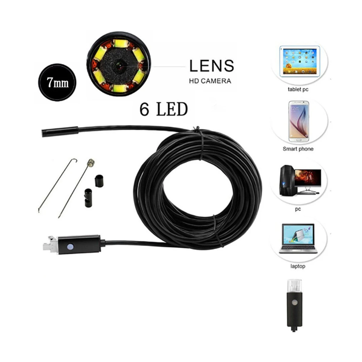 1300000 Pc Phone Waterproof 7Mm Diameter Inspection Camera LED Light USB Port for Hard to Reach Area Diagnosis