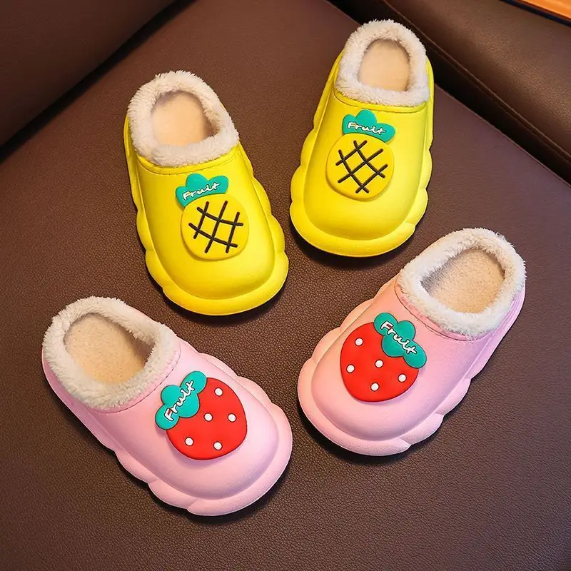 New Winter Kids Cotton Shoes, Plush Warm Waterproof Non-Slip Fruit Cartoon Baby Slippers for Boys Girls