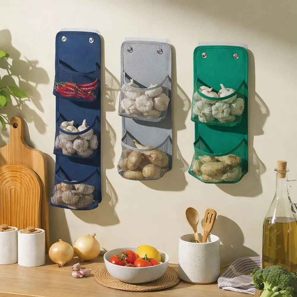 

Large Capacity Mesh Storage Basket Space Saving No Drill Wall Mounted Basket Breathable Spice Storage Shelf Ginger Garlic