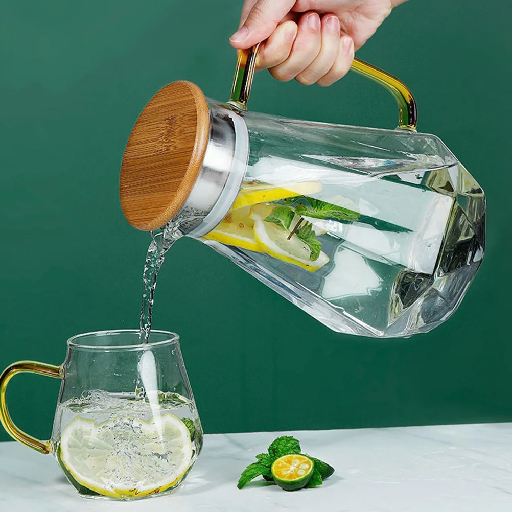 

1Pcs Glass Cold Water Pitcher Large Capacity Juice Jug Bamboo Lid Tea Kettle Suitable for Iced Tea Coffee Wine and