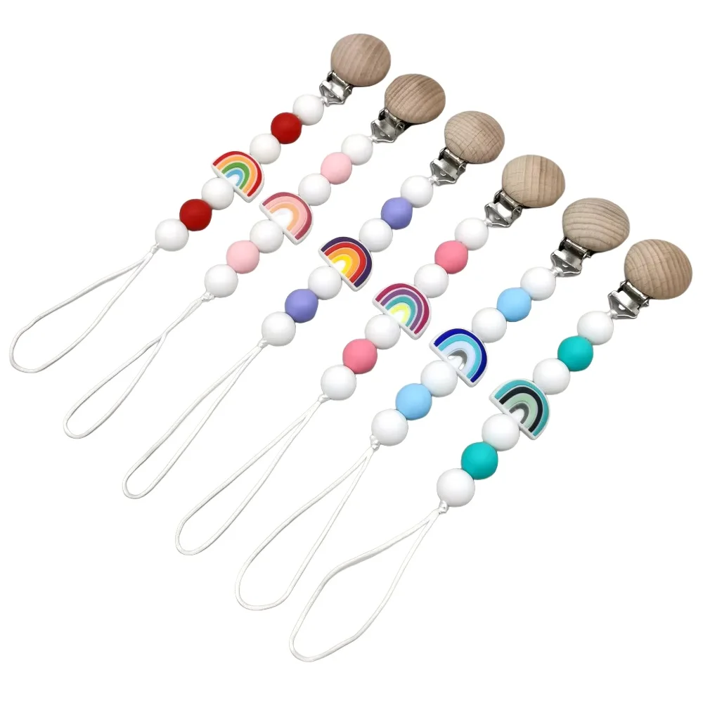 Silikon Regenbogen Perlen Baby Buche Holz Schnuller Clip Nippel Clip für Baby Dusche Geschenk