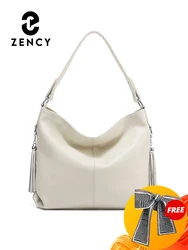 Zency Elegant Beige Women Genuine Leather Handbag Hobo Bag Fashion Crossbody Tassel Big Capacity Shopper Tote Purse Sac Hot Sale