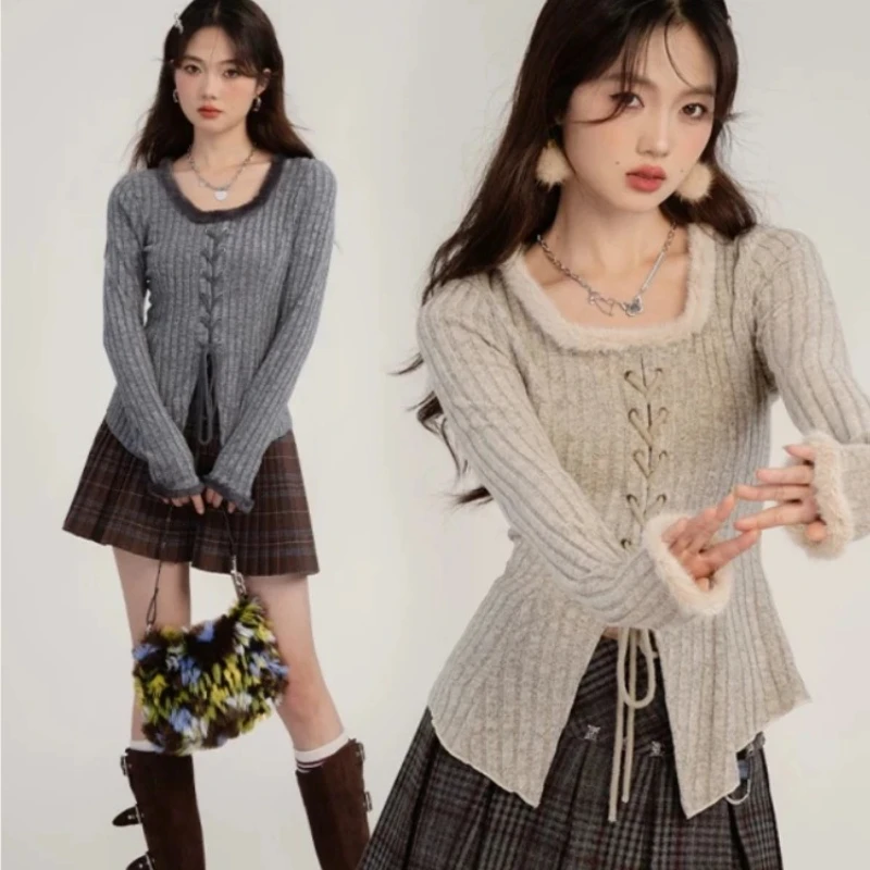 

Tied Straps Slimming Knitted Sweater Women Autumn Winter Vintage Pure Korean Fashion Y2k Elegant Stylish Top 2024 New