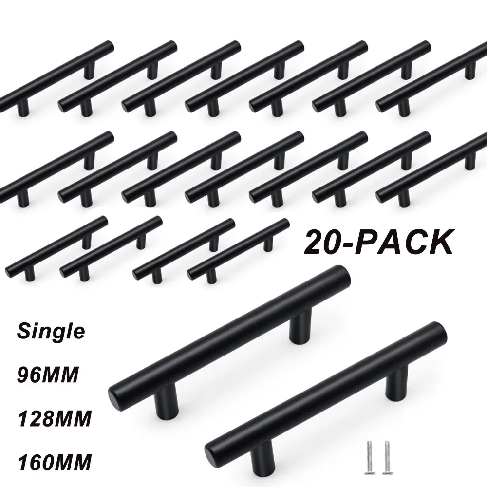 20 PCS Cabinet Pulls Single/96/128/160mm Hole Center with Drill Matte Black Stainless Steel Kitchen Drawer Pulls Cabinet Handles