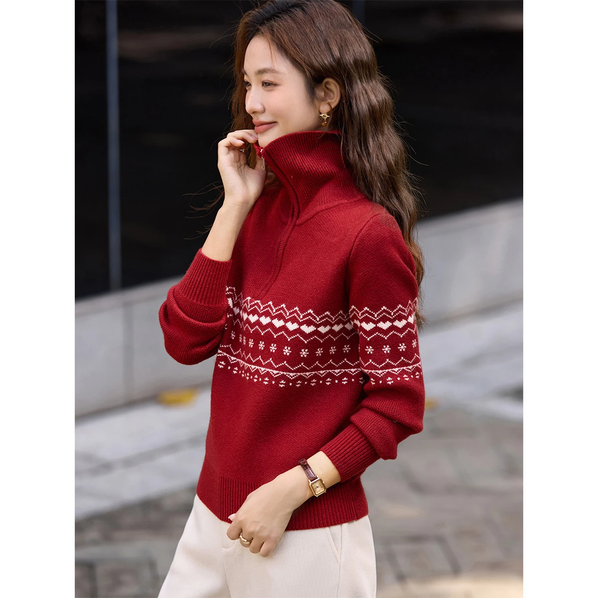 VIMLY Sweater Women's Winter 2025 New Fair Isle Jacquard Lapel Collar Zipper Knitwear Commuting High Elasticity Women Tops 75288