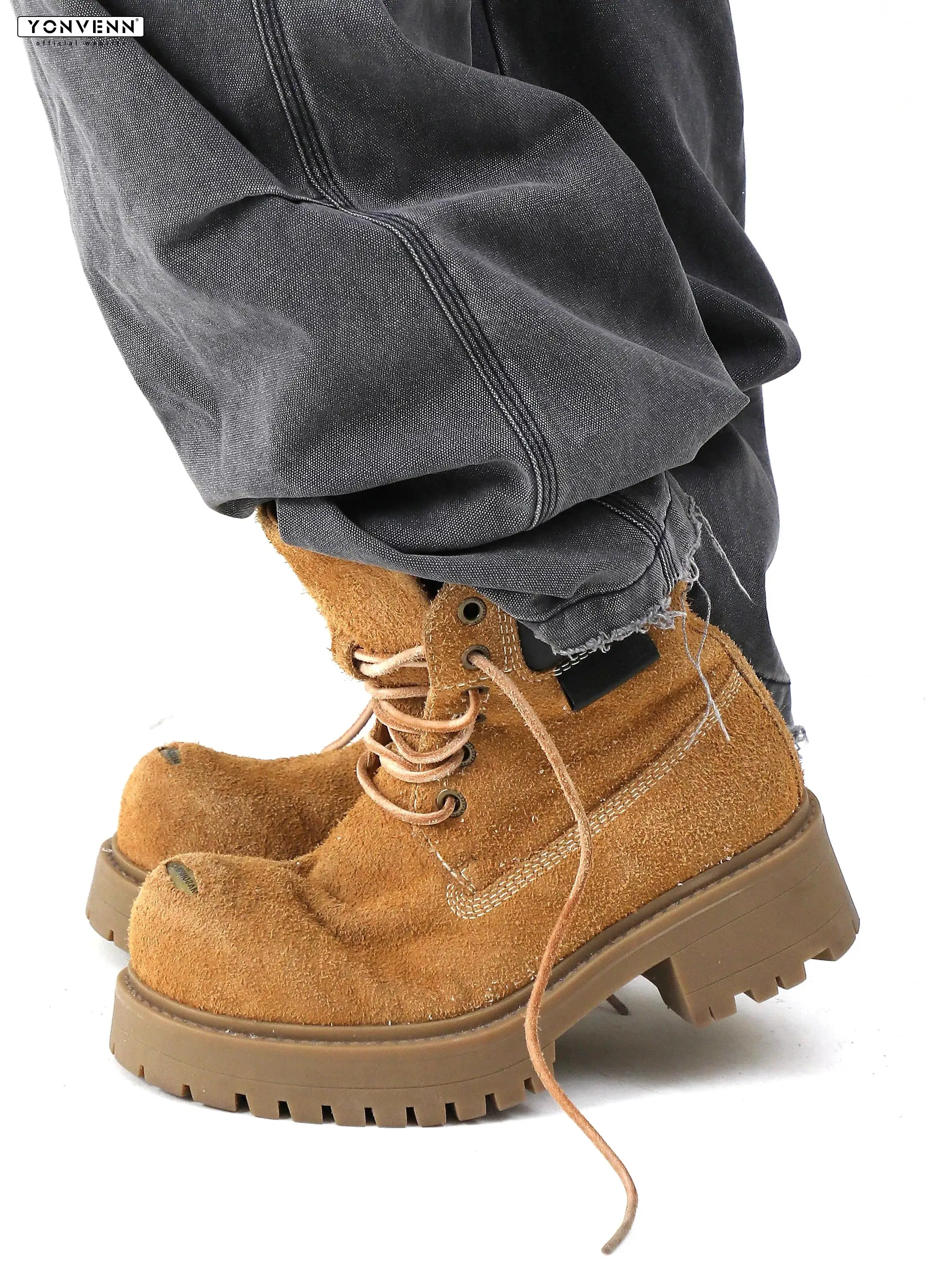 New height increasing 7cm cow suede leather short boots for men with upturned head and metal decoration Mickey big yellow boots