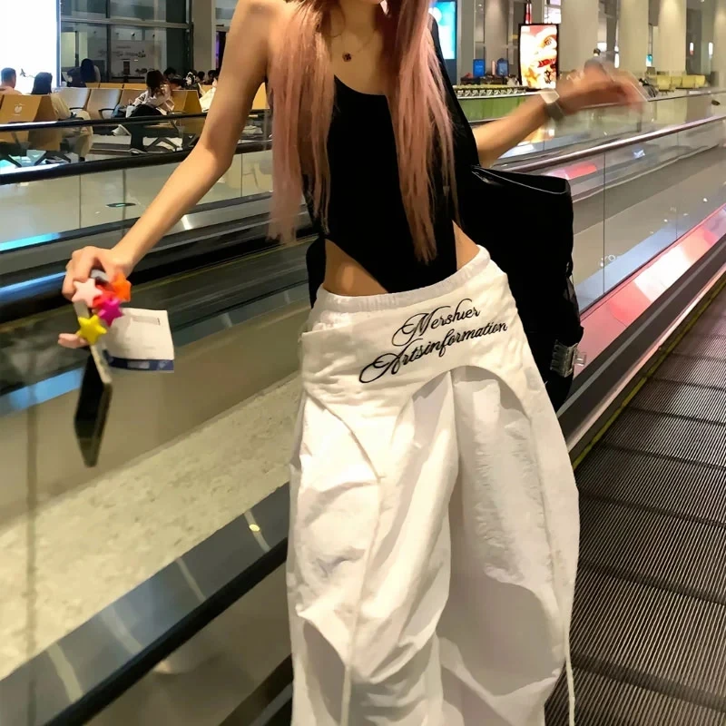 MEXZT Y2K White Cargo Pants Women Streetwear Embroidery Baggy Sweatpants Harajuku Wide Leg Joggers Summer Oversized Trousers New