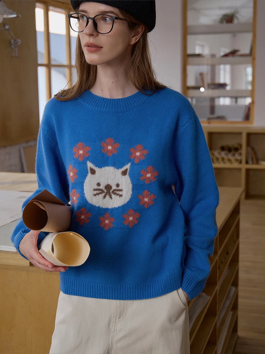 Sullenger Lazy  Camere Wool Blend Women's Sweater Blue  Commute Sle Loose Fit Long Sve round Ne Top