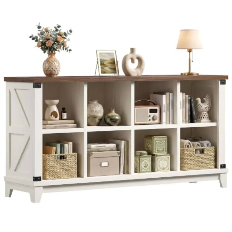 Farmhouse Storage Organizer for Living Room: Wooden, White, Rustic Charm with Ample Shelving and Hidden Compartments