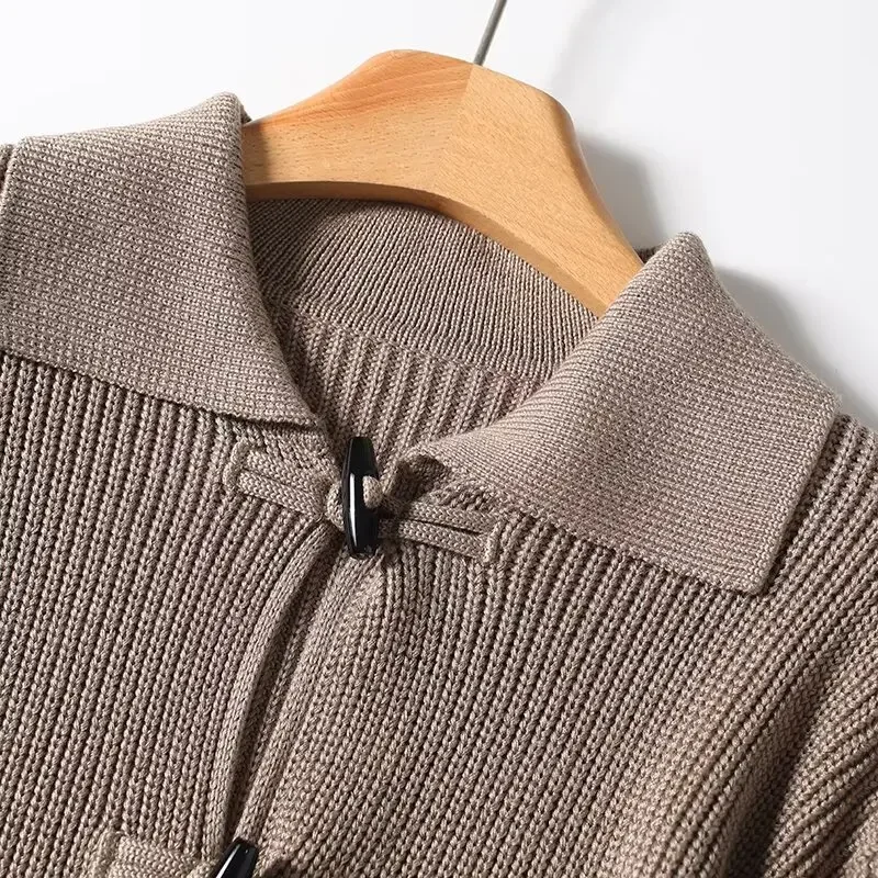 

Women 2025 New Fashion Loose Horn buckle thick needle Cardigan Sweater Vintage Long Sleeve lapel Female Outerwear Chic Tops